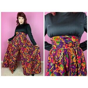 Vintage 1970s 70s Long Sleeve Jumpsuit with Psychedelic Barkcloth Palazzo Pants